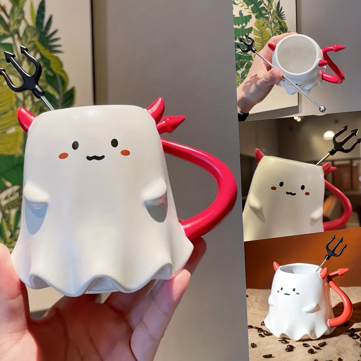 16oz Large Ceramic Halloween Devil Mug with Stirring Stick