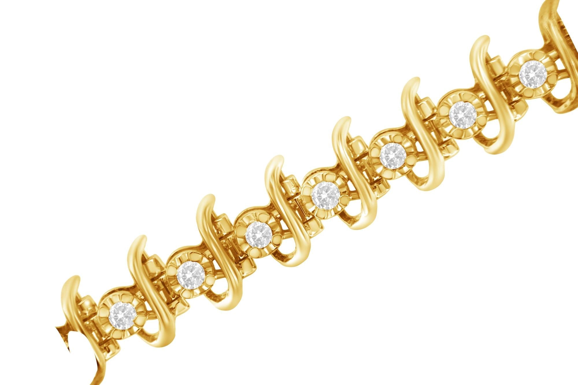 10KT Yellow Gold Plated .925 Sterling Silver 1 cttw Prong - Set Diamond Link Bracelet (J - K, I1 - I2) - 7.5" - Glow Haven
