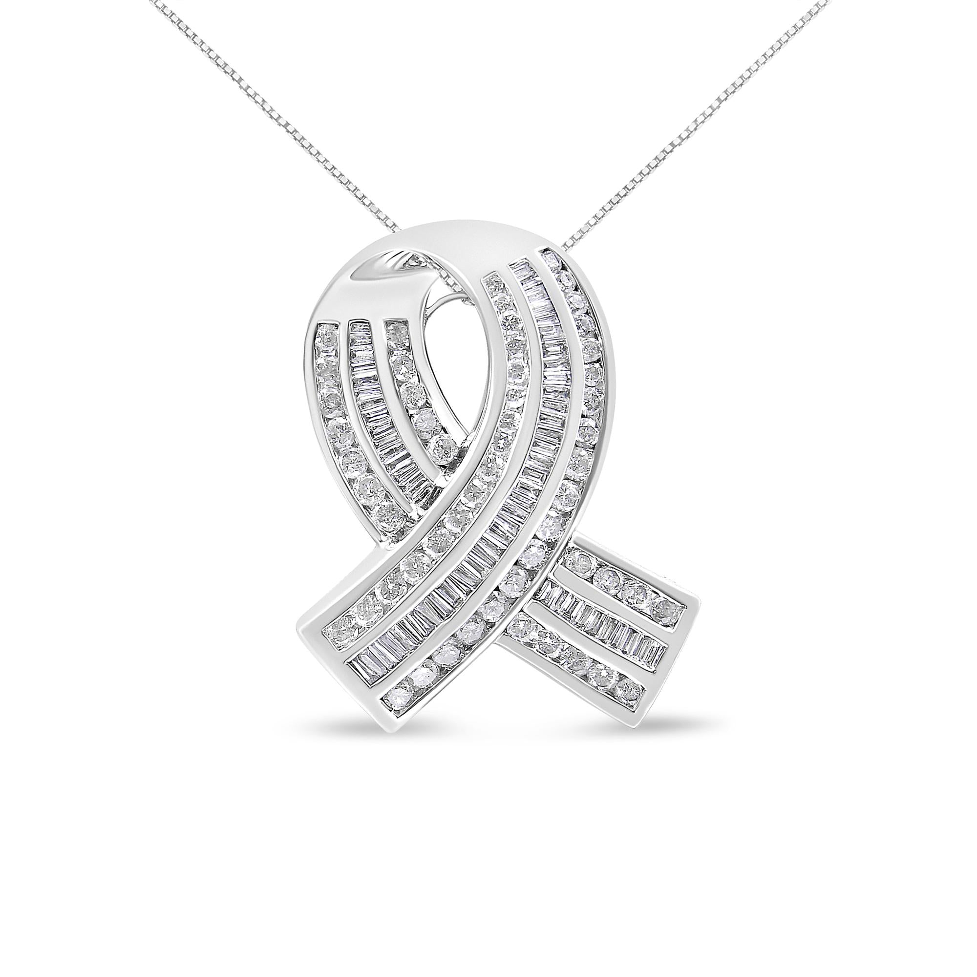 14K White Gold 2 5/8 Cttw Channel Set Round and Baguette Diamond Awareness Ribbon Pendant (H - I Color, I1 - I2 Clarity) - Chain Not Included - Glow Haven