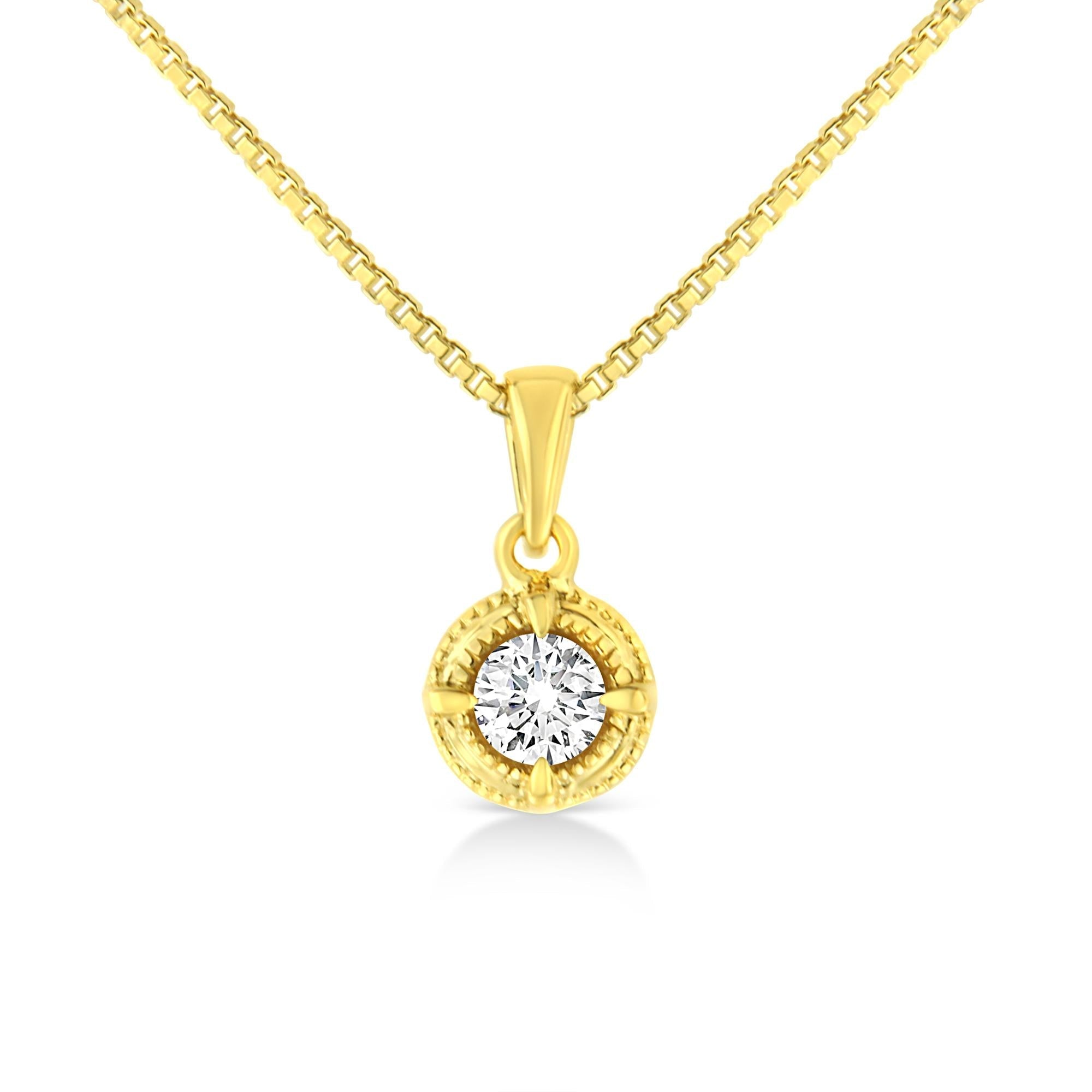 14K Yellow Gold Plated .925 Sterling Silver Brilliant Round Cut Diamond Solitaire Milgrain 18" Pendant Necklace - Glow Haven