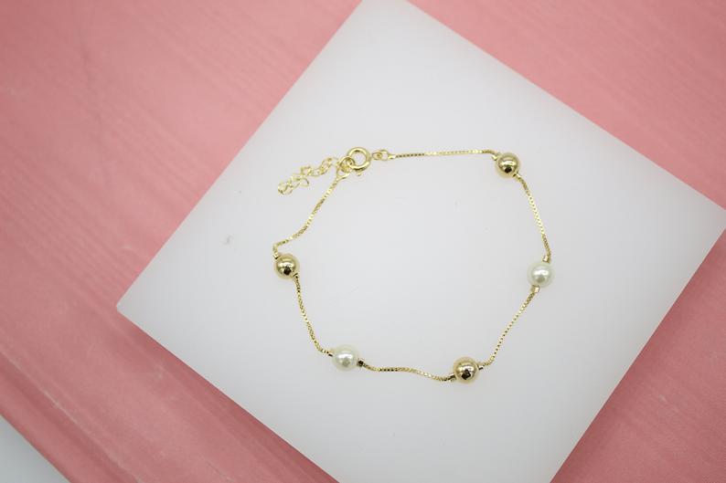 Pear & Gold Bead Box Chain Bracelet (I103)