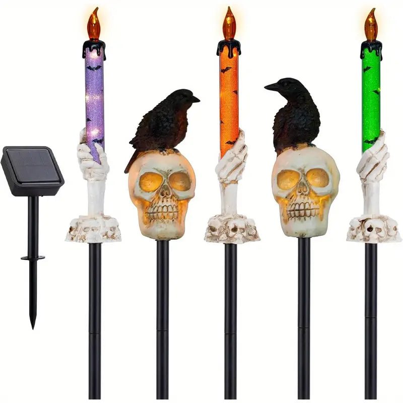 5 - Pack Solar Skull & Candle Lights with Black Crow – Waterproof - Glow Haven