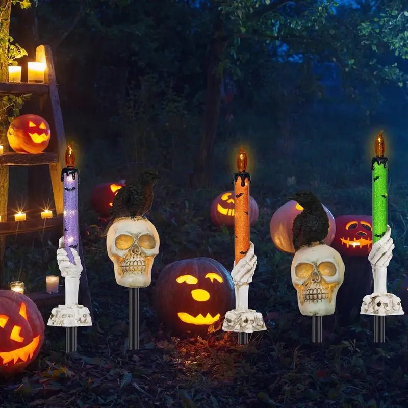 5 - Pack Solar Skull & Candle Lights with Black Crow – Waterproof - Glow Haven