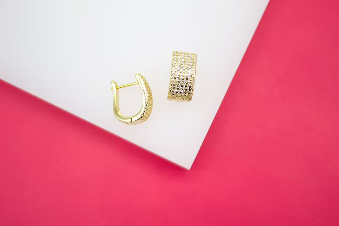 18K Gold Filled Thick Huggies Earrings With Micro Clear CZ Cubic Zirconia (L289)
