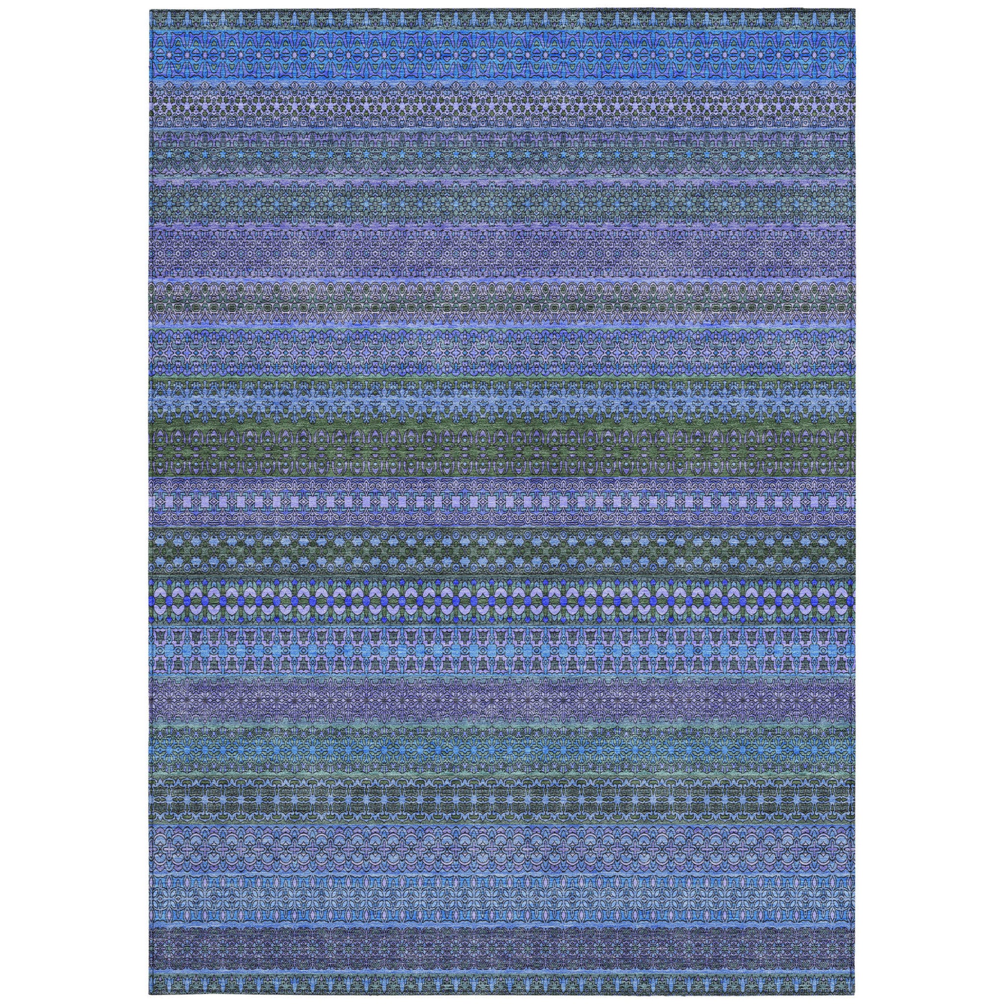 5' X 8' Blue and Green Striped Washable Non Skid Indoor Outdoor Area Rug
