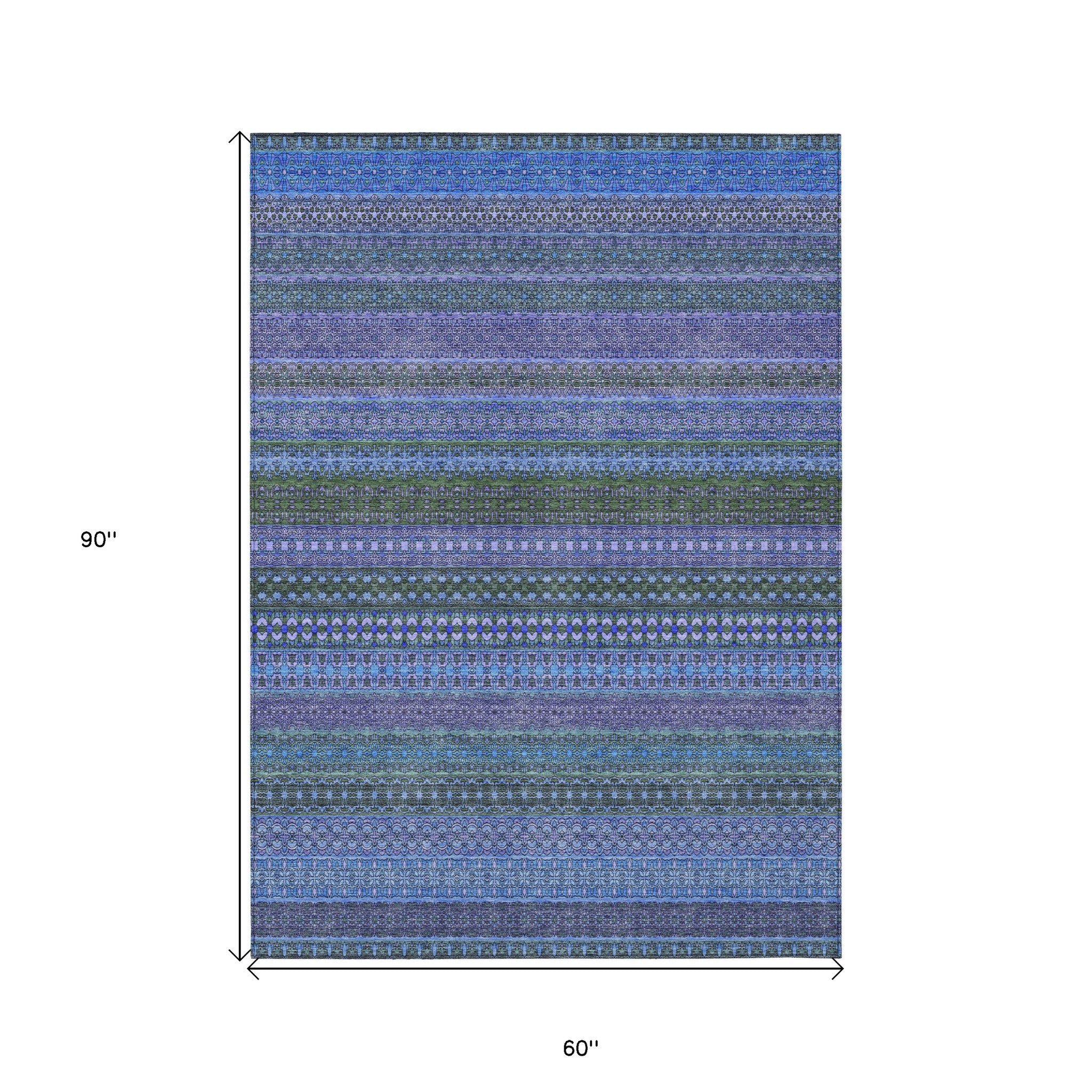 5' X 8' Blue and Green Striped Washable Non Skid Indoor Outdoor Area Rug