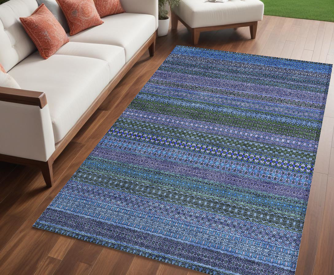 5' X 8' Blue and Green Striped Washable Non Skid Indoor Outdoor Area Rug