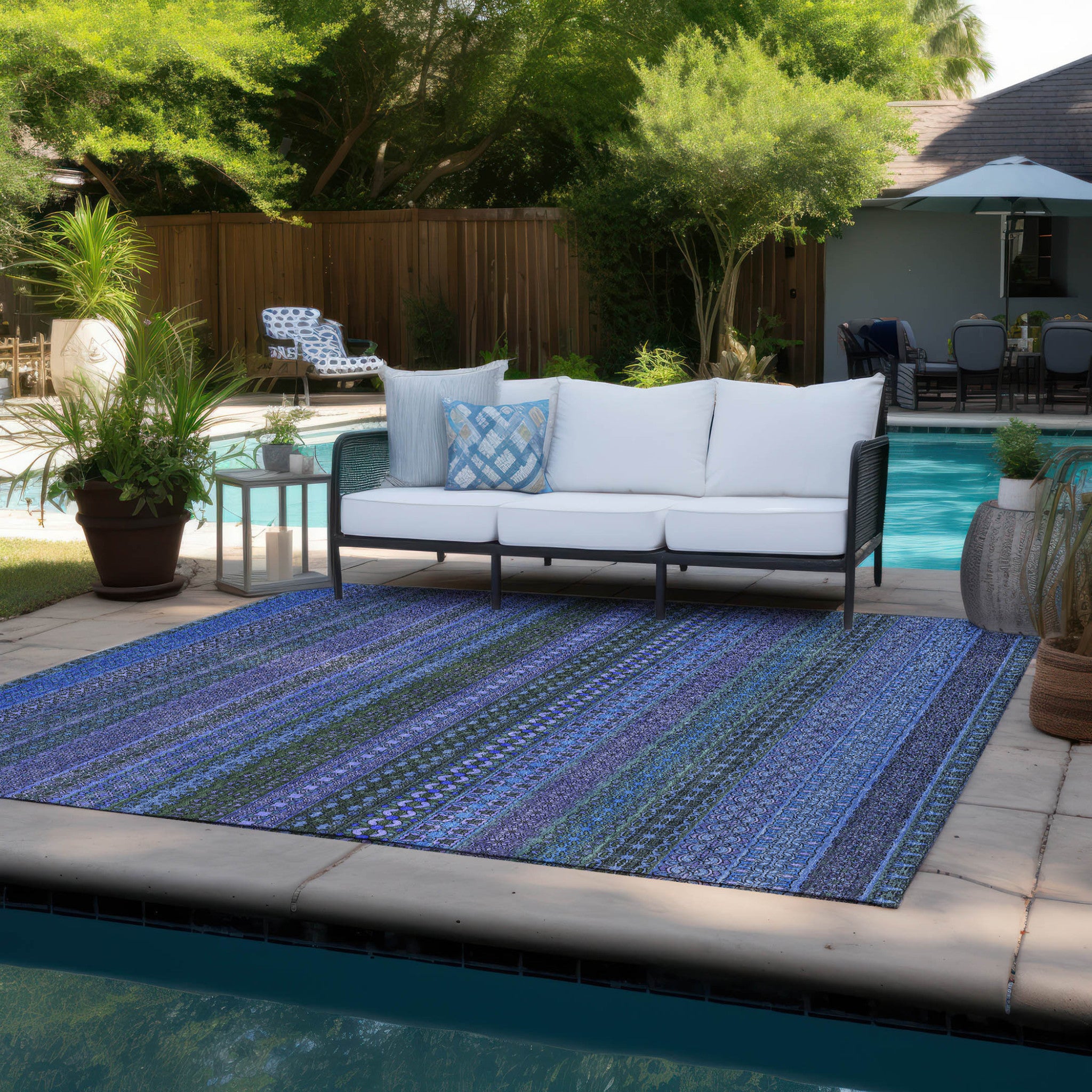 5' X 8' Blue and Green Striped Washable Non Skid Indoor Outdoor Area Rug