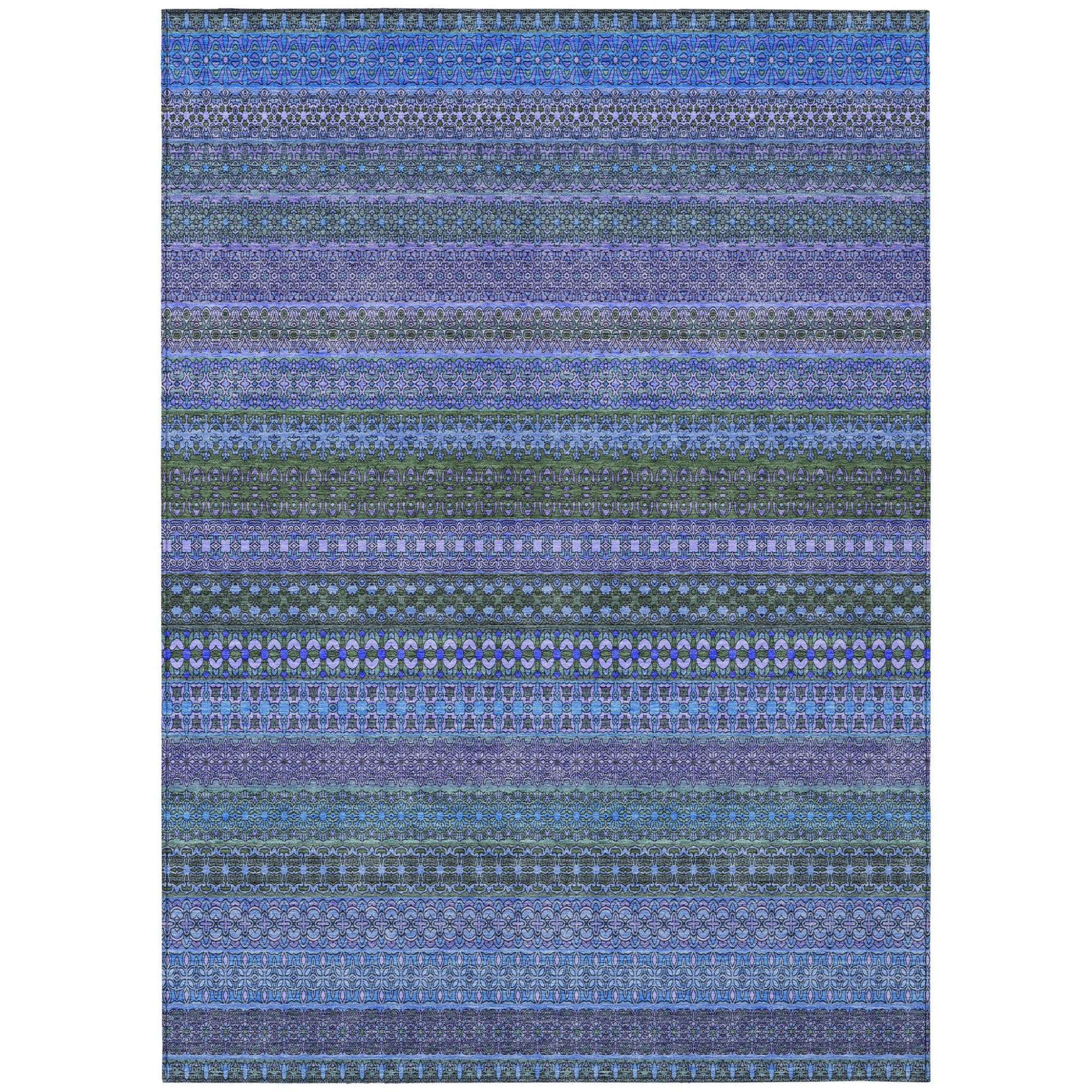 5' X 8' Blue and Green Striped Washable Non Skid Indoor Outdoor Area Rug