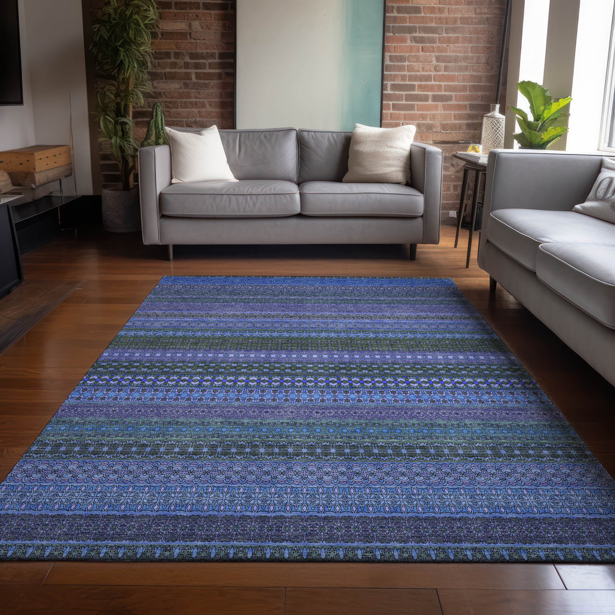 5' X 8' Blue and Green Striped Washable Non Skid Indoor Outdoor Area Rug