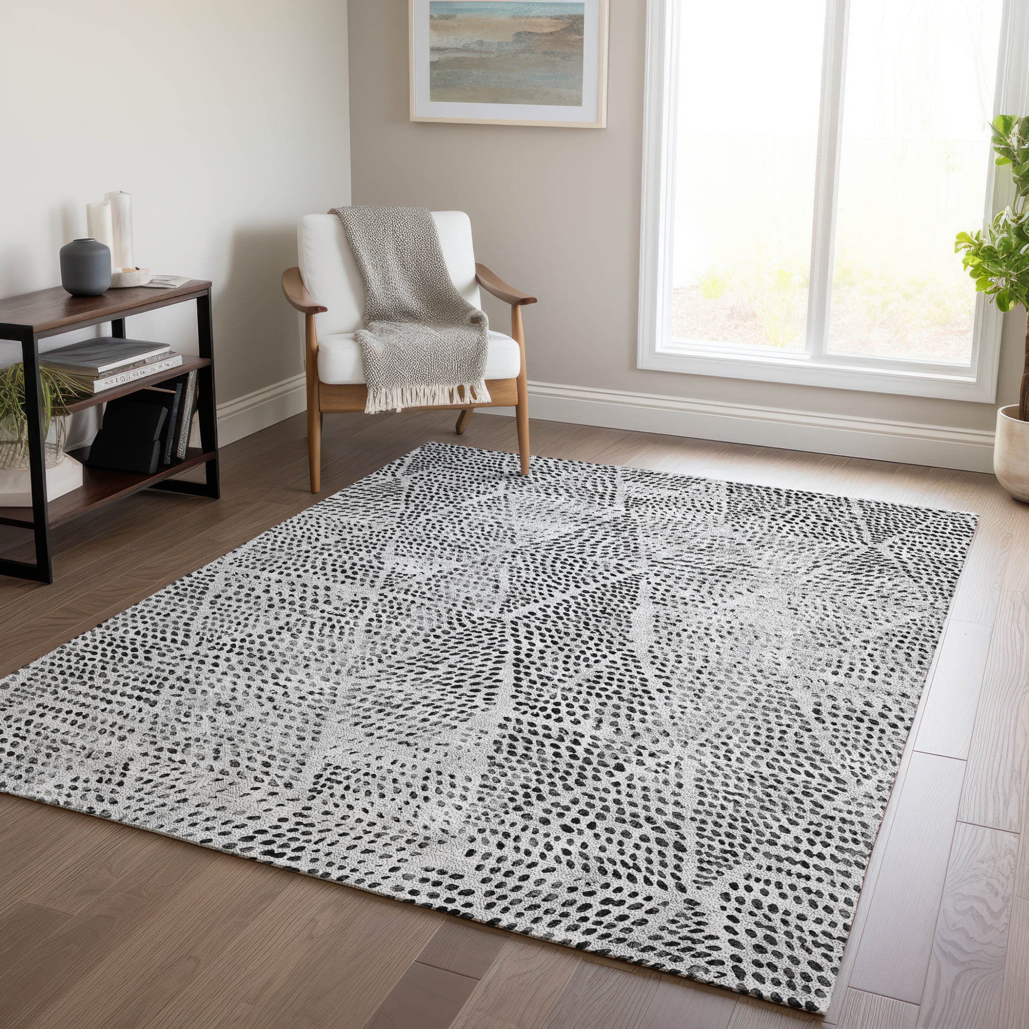 5' X 8' Pewter Charcoal And Ivory Geometric Washable Indoor Outdoor Area Rug
