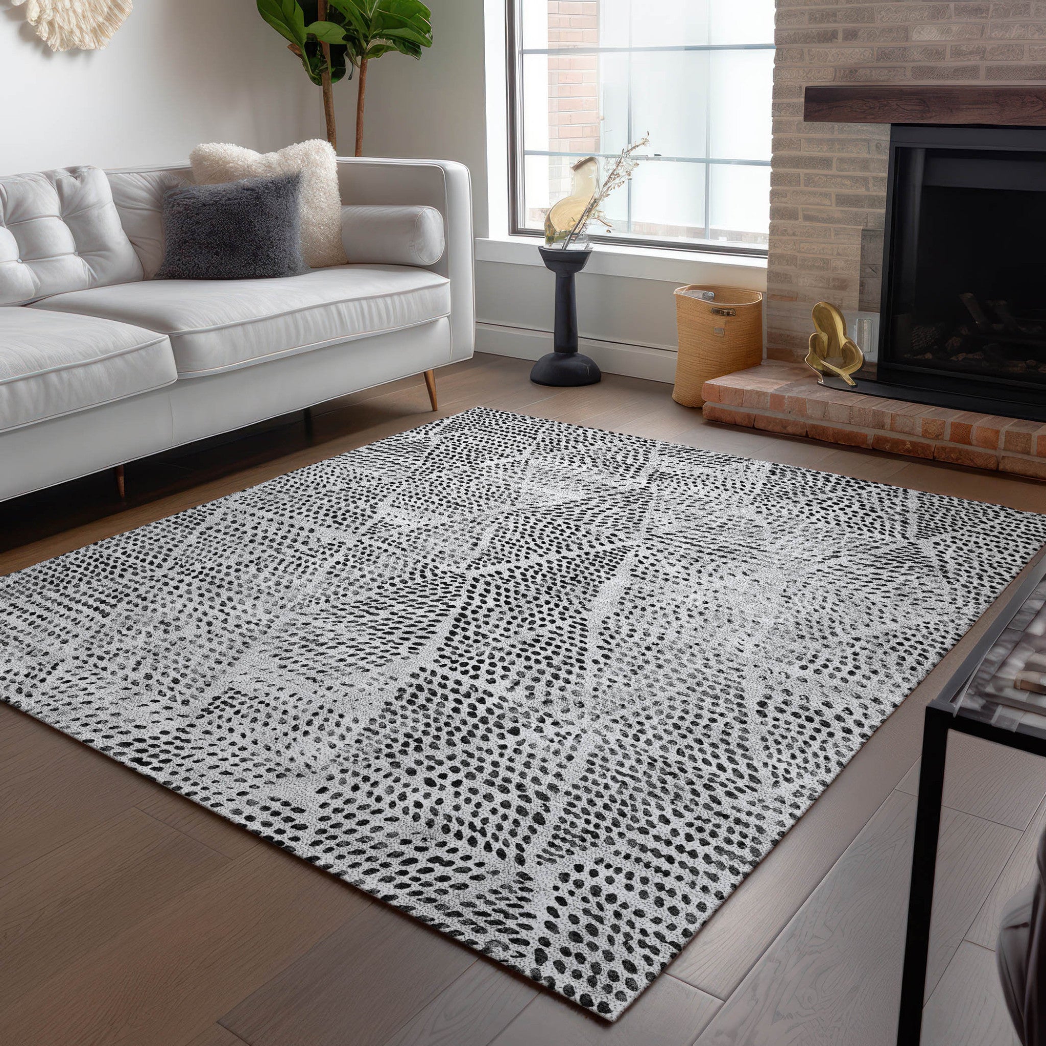 5' X 8' Pewter Charcoal And Ivory Geometric Washable Indoor Outdoor Area Rug