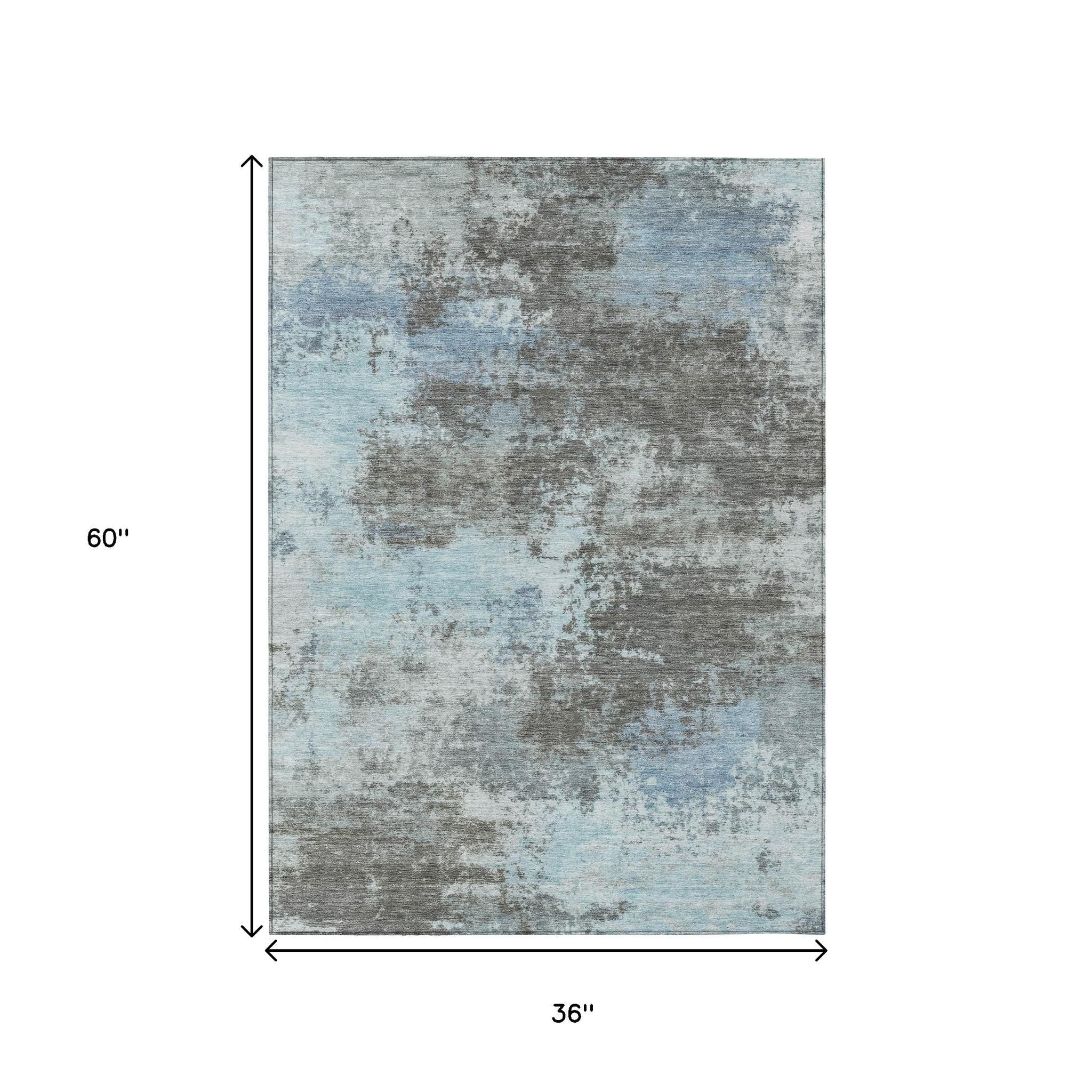 3' X 5' Taupe And Sky Blue Abstract Washable Indoor Outdoor Area Rug