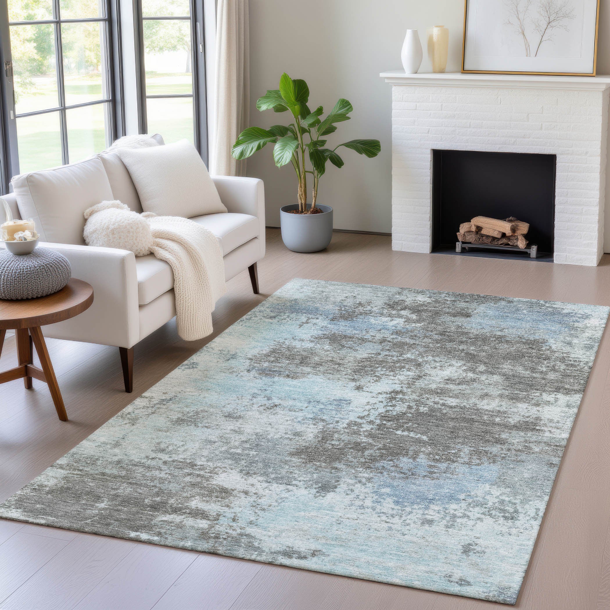 3' X 5' Taupe And Sky Blue Abstract Washable Indoor Outdoor Area Rug