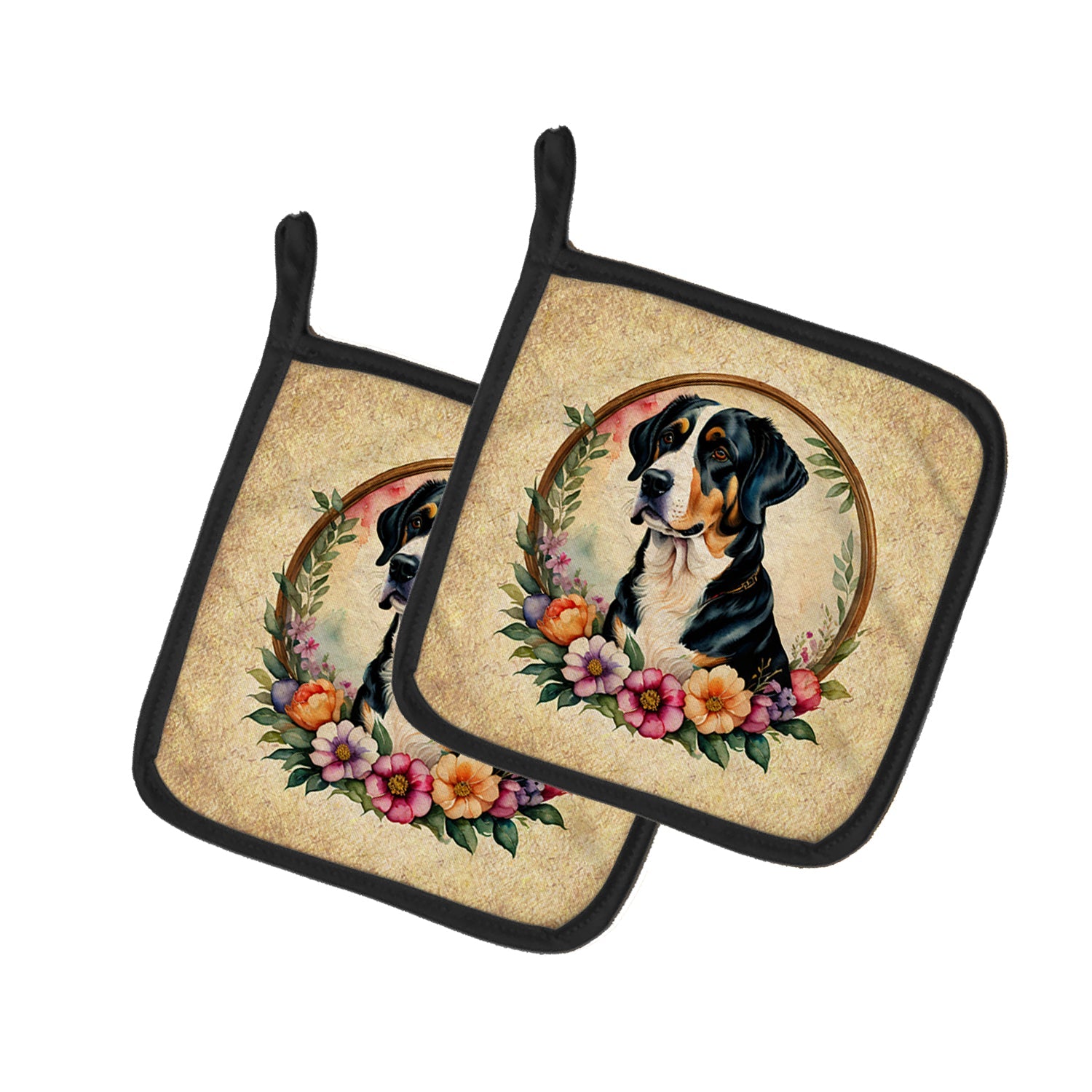 Greater Swiss Mountain Dog and Flowers Pair of Pot Holders