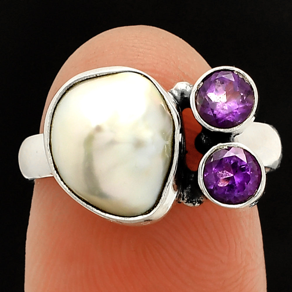 Natural Fresh Water Biwa Pearl & Amethyst Ring size-7 R-1122 SDR234896