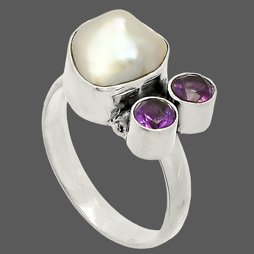 Natural Fresh Water Biwa Pearl & Amethyst Ring size-7 R-1122 SDR234896