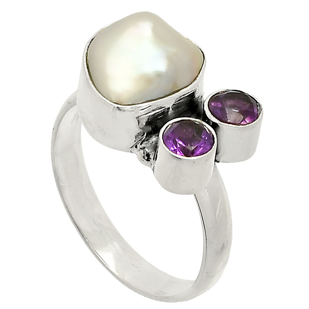 Natural Fresh Water Biwa Pearl & Amethyst Ring size-7 R-1122 SDR234896