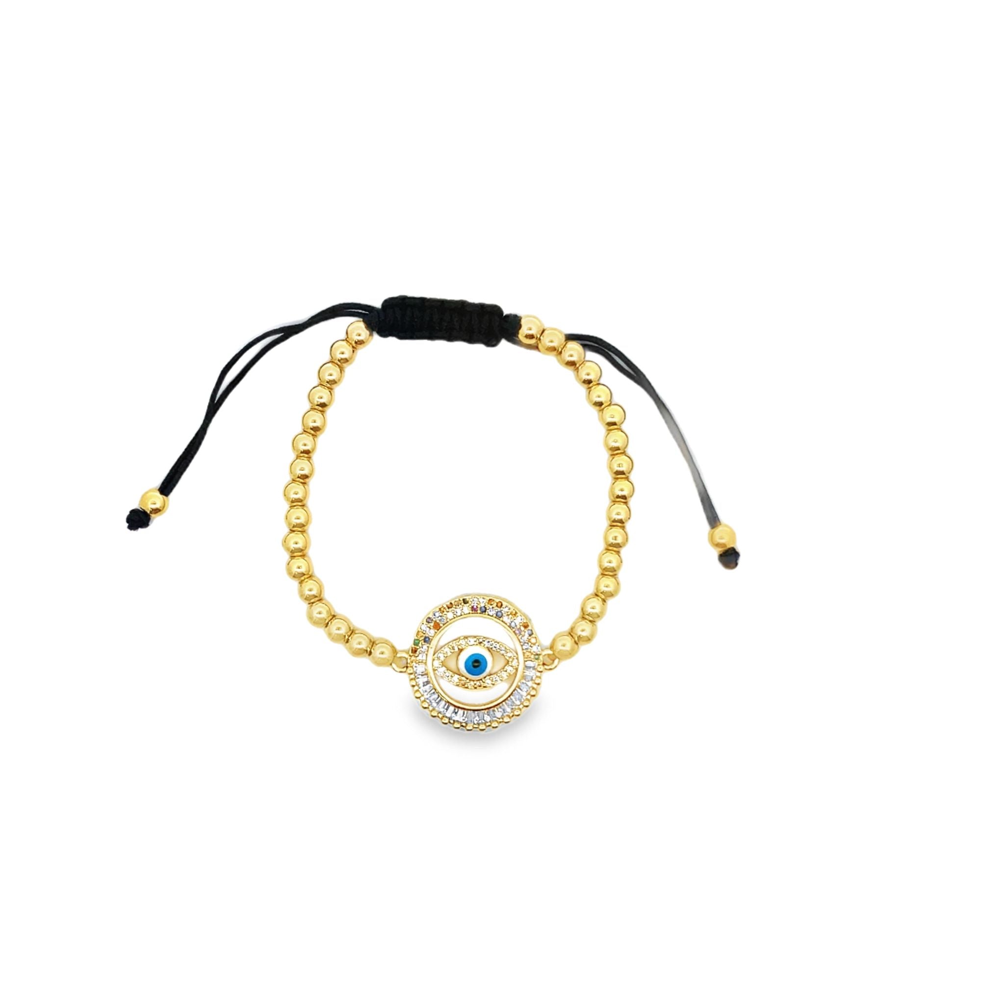 Adjustable Bead Bracelet With Designed Multicolor Oval Evil Eye CZ Stones Charm (I144-145)
