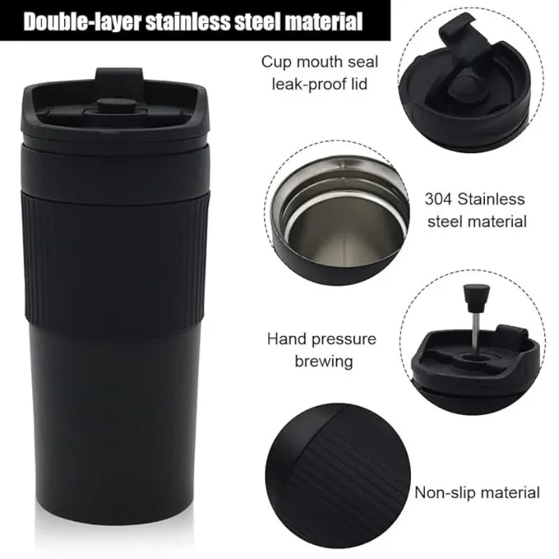 Portable Coffee Maker French Press Insulated Mug with Double Walled Insulated Vacuum Coffee Tea Thermos Mug for Travel Outdoor - Glow Haven