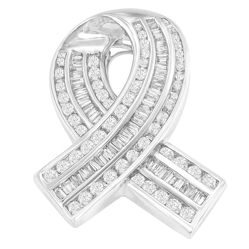 14K White Gold 2 5/8 Cttw Channel Set Round and Baguette Diamond Awareness Ribbon Pendant (H - I Color, I1 - I2 Clarity) - Chain Not Included - Glow Haven