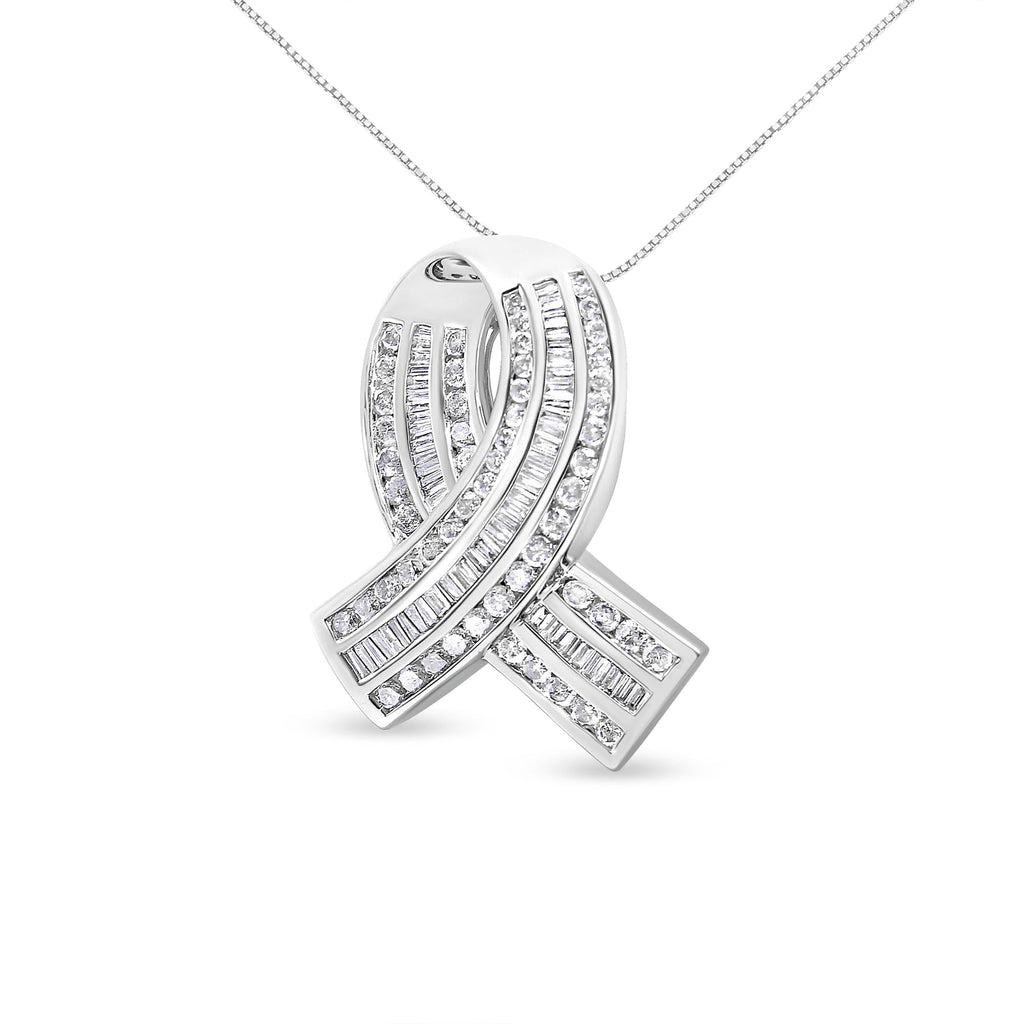 14K White Gold 2 5/8 Cttw Channel Set Round and Baguette Diamond Awareness Ribbon Pendant (H - I Color, I1 - I2 Clarity) - Chain Not Included - Glow Haven