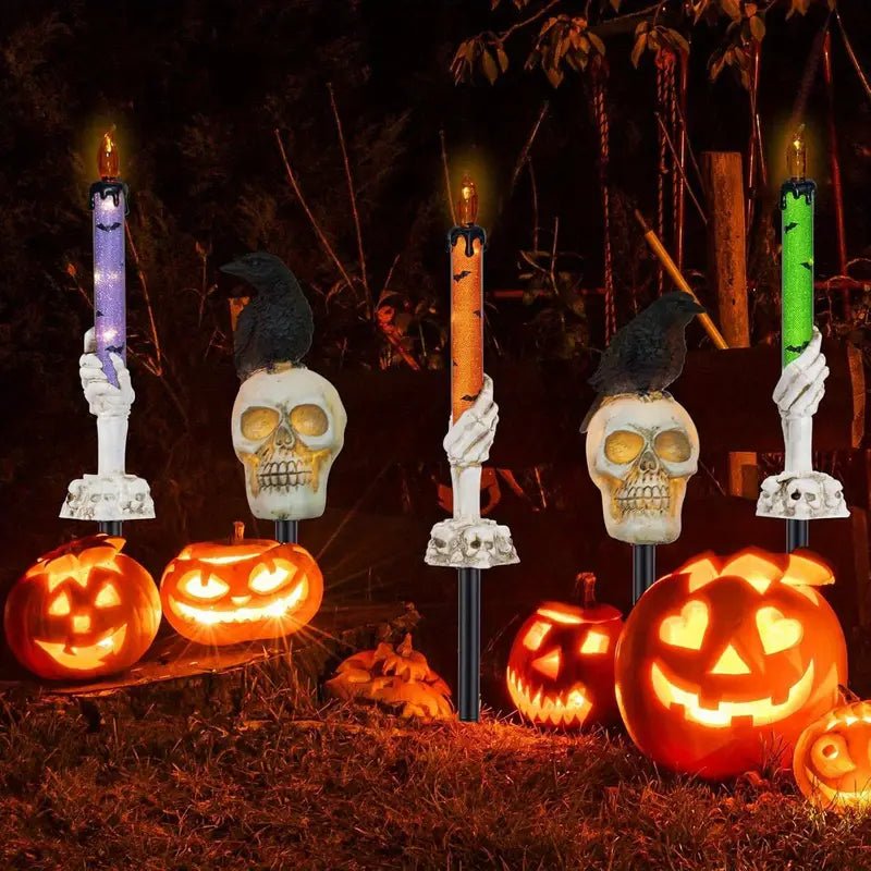 5 - Pack Solar Skull & Candle Lights with Black Crow – Waterproof - Glow Haven