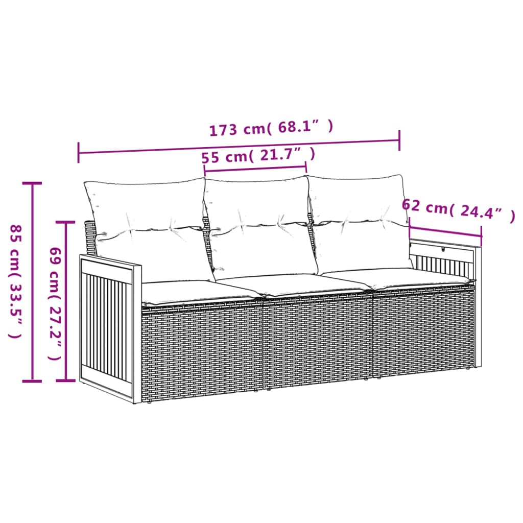 vidaXL 3 Piece Patio Sofa Set with Cushions Black Poly Rattan