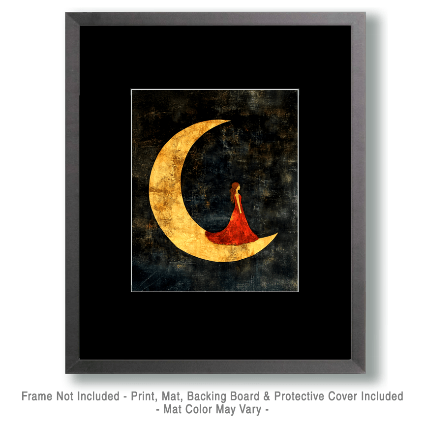 Lady in Red Dress Standing on Crescent Moon Art