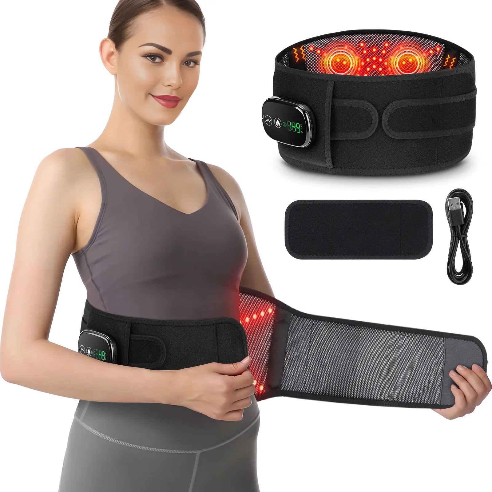 Cordless Heated Massage Pad Red Light Massage Waist Belt 102 Red Light Beads Hot Compress Vibration Relieve Fatigue Relax Muscle