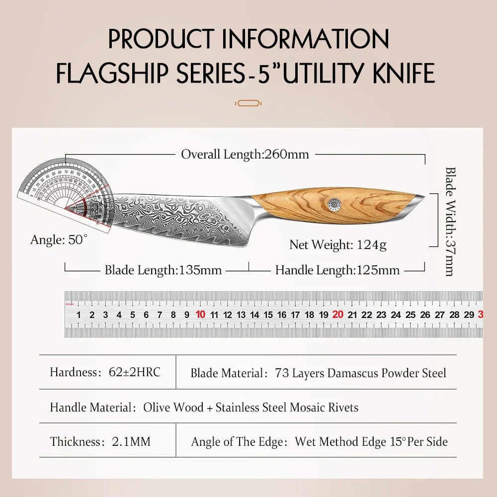 Flagship Series 5 - Inch Utility Knife 73 - Layer Powder Damascus Steel Brown - Glow Haven
