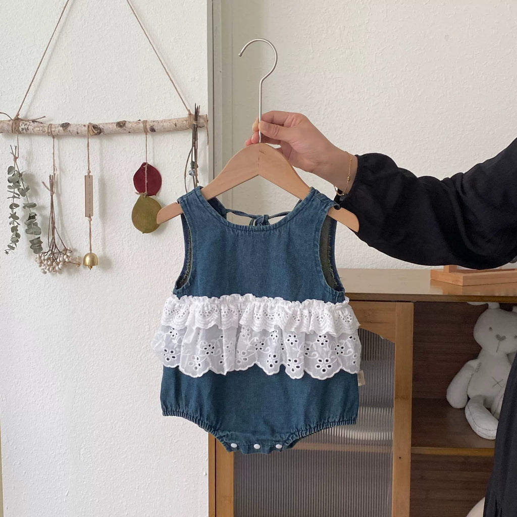 Summer Arrival Baby Girls Color Patchwork Sleeveless Denim Onesies